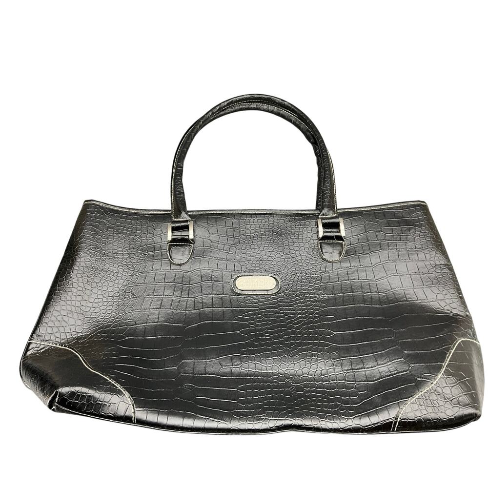 Bob Mackie Large Black Croc Print Vegan Faux Leather Top Handle Tote Bag Purse